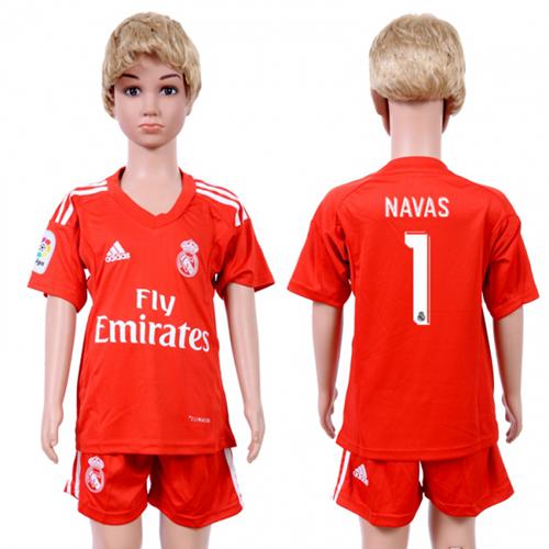 Real Madrid #1 Navas Red Goalkeeper Kid Soccer Club Jersey - Click Image to Close